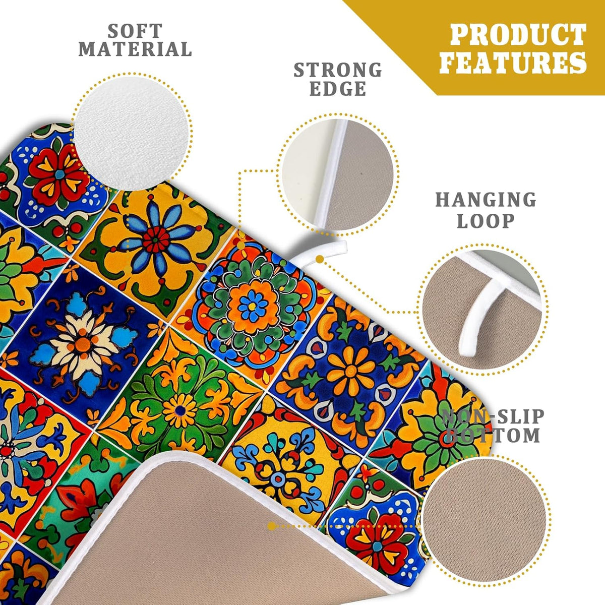 Mexican Tiles Dish Drying Mat for Kitchen Counter Absorbent Microfiber Dish Drying Pad Kitchen Gadgets Multi-use
