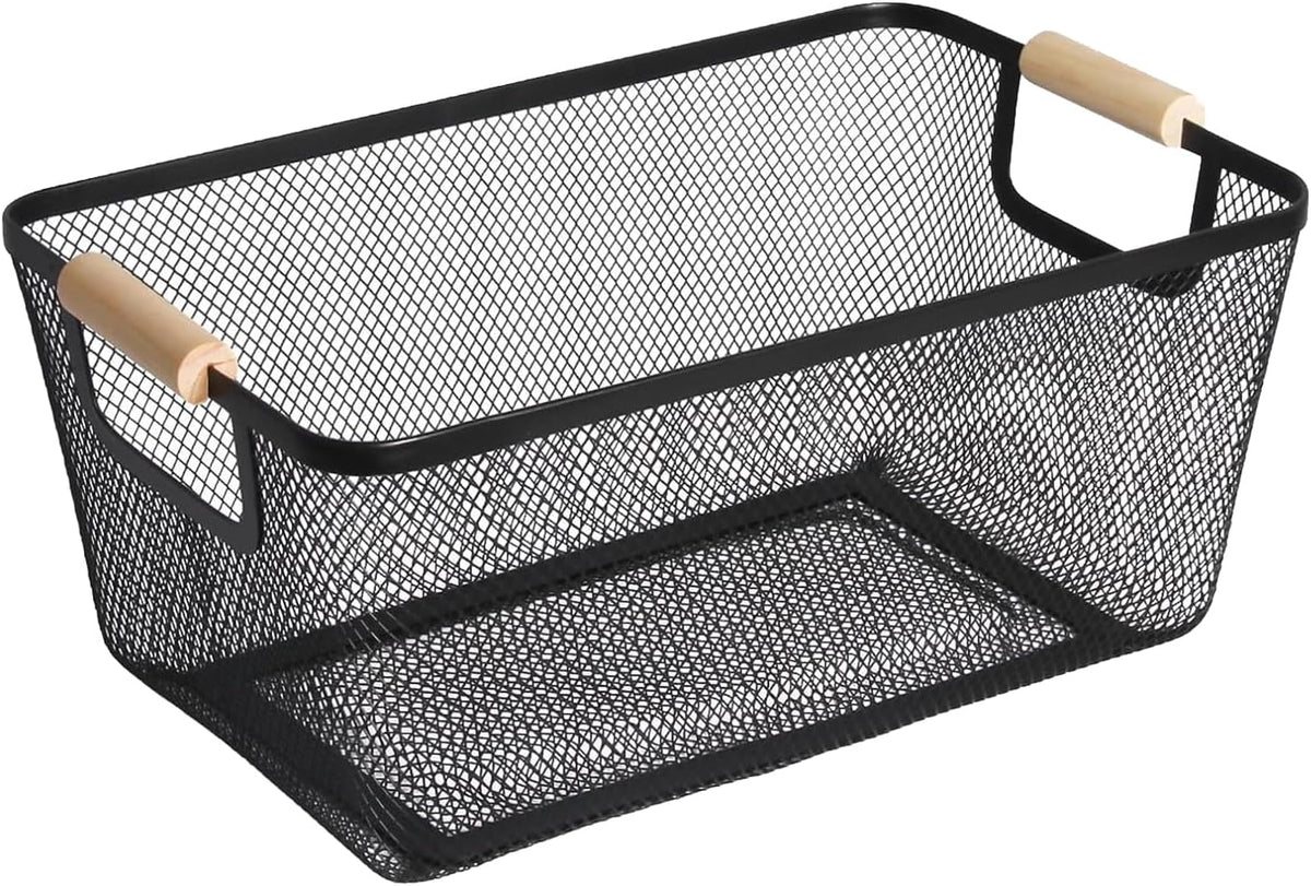 Metal Mesh Steel Basket, Large Wire Storage Organizer Basket Multi-function Hanging Kitchen Baskets with Wood Handle for Kitchen Bathroom Picnic Home, Rectangle-Black