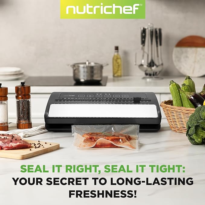 NutriChef Vacuum Sealer | Automatic Vacuum Air Sealing System For Food Preservation w/ Starter Kit | Compact Design | Lab Tested | Dry & Moist Food Modes | Led Indicator Lights (Black), EWE