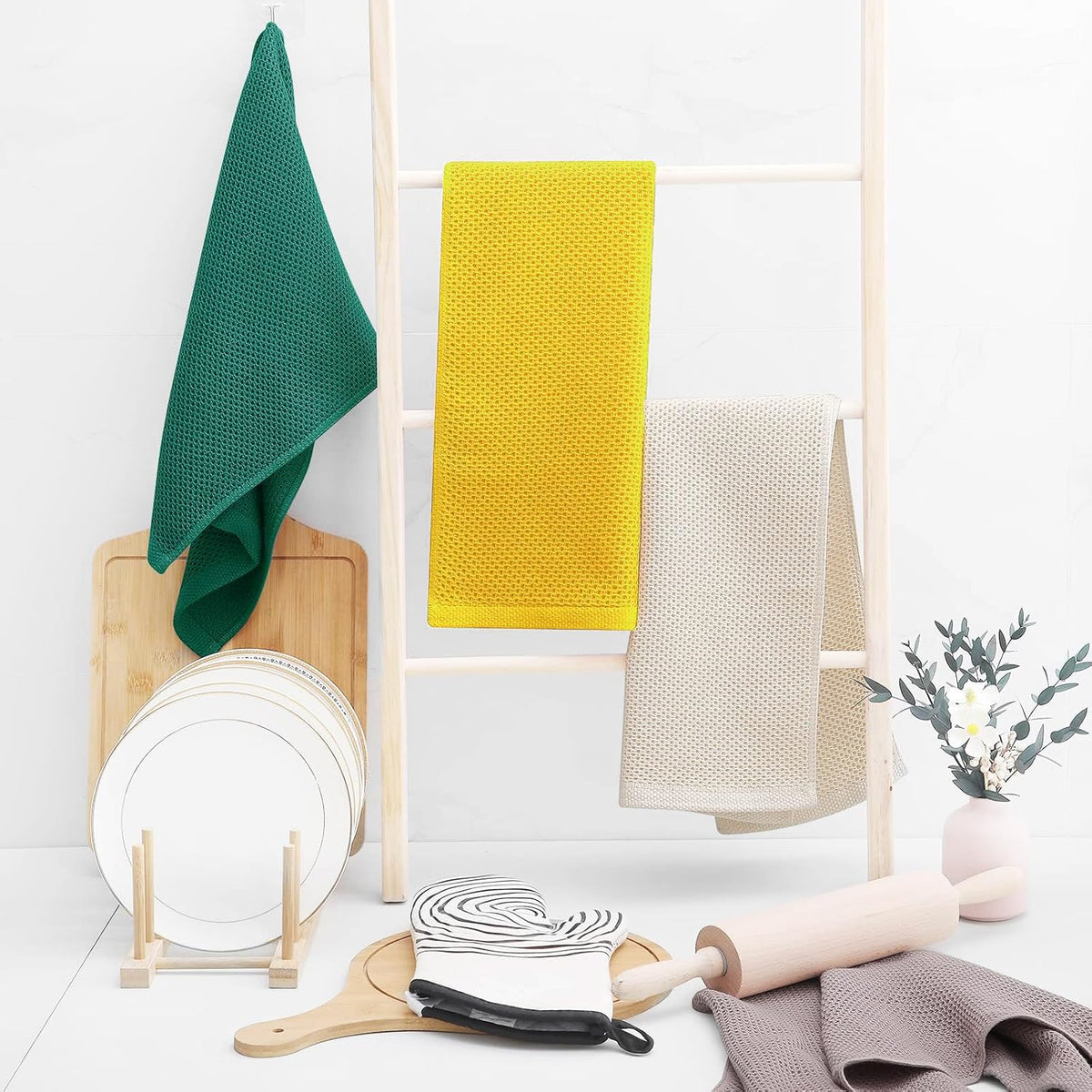 Homaxy 100% Cotton Waffle Weave Kitchen Dish Towels, Ultra Soft Absorbent Quick Drying Cleaning Towel, 13 x 28 Inches, 12-Pack, Dark Green