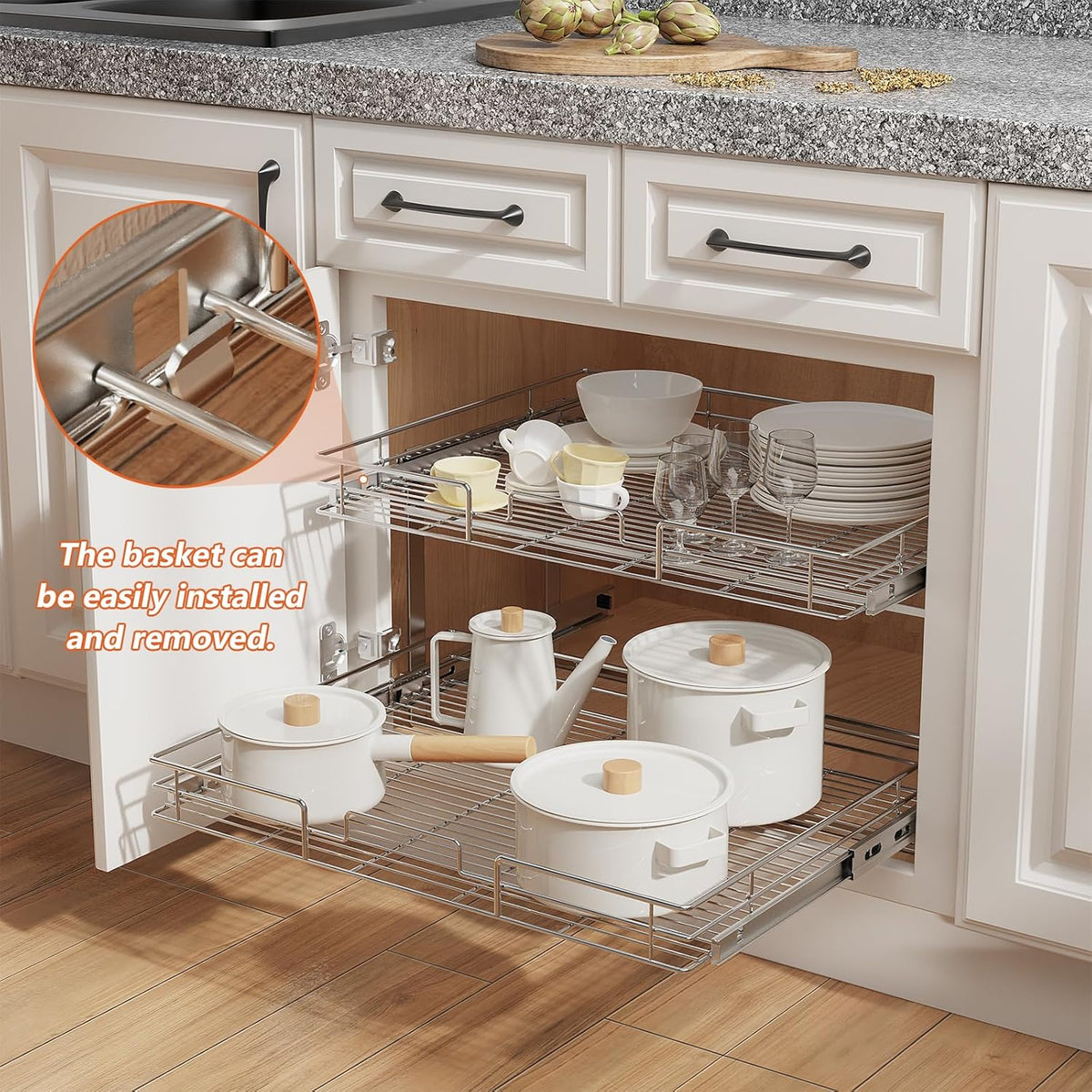 ROOMTEC Individual Pull Out Cabinet Organizer (31½" W x 21½" D), 2 Tier Spice Rack Organizer for Cabinet, Slide Out Drawer Pantry Shelf Organization and Storage for Kitchen Bathroom