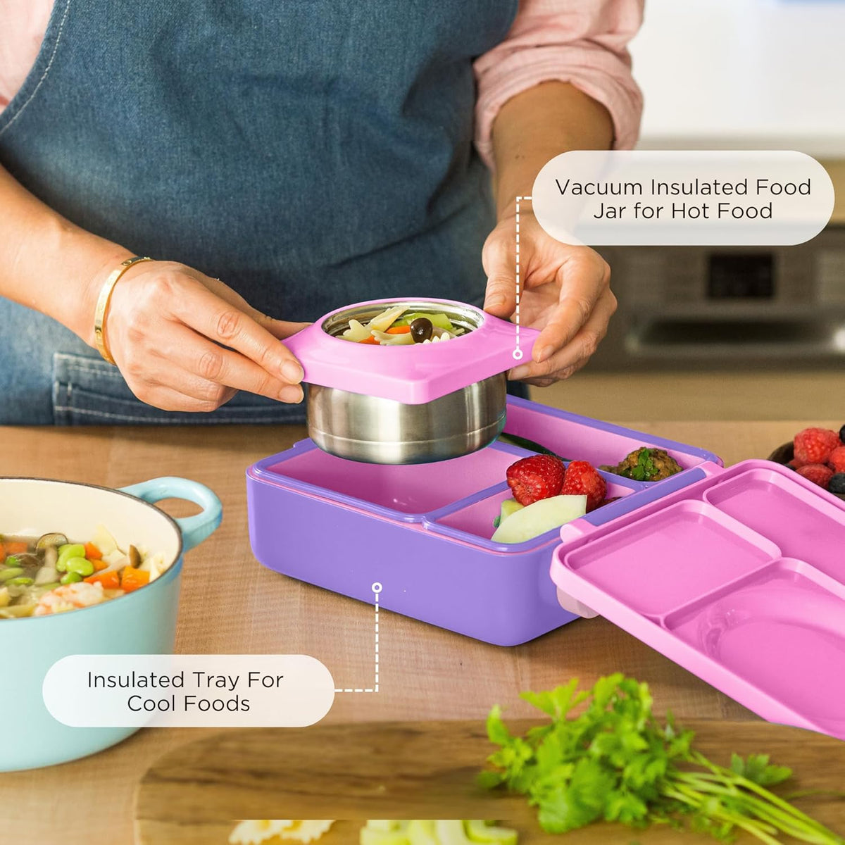 OmieBox Bento Box for Kids - Insulated Bento Lunch Box with Leak Proof Vacuum Insulated Food Jar - 3 Compartments, Two Temperature Zones (Unicorn Pink)