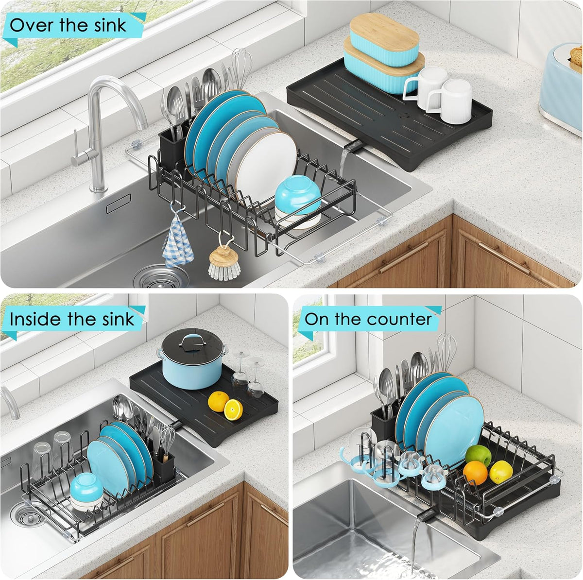 ANTOPY Dish Drying Rack in Sink, Expandable Rustproof Dish Rack for Kitchen Counter, Over The Sink Dish Drainer with Utensil Holder, Cup Rack, Drainboard, Space Saving Dish Dryer Rack for Inside Sink
