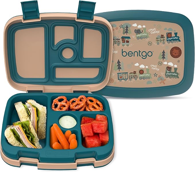 Bentgo Kids Prints Leak-Proof, 5-Compartment Bento-Style Kids Lunch Box - Ideal Portion Sizes for Ages 3-7, Durable, Drop-Proof, Dishwasher Safe, & PFAS & BPA-Free Materials (Trains)