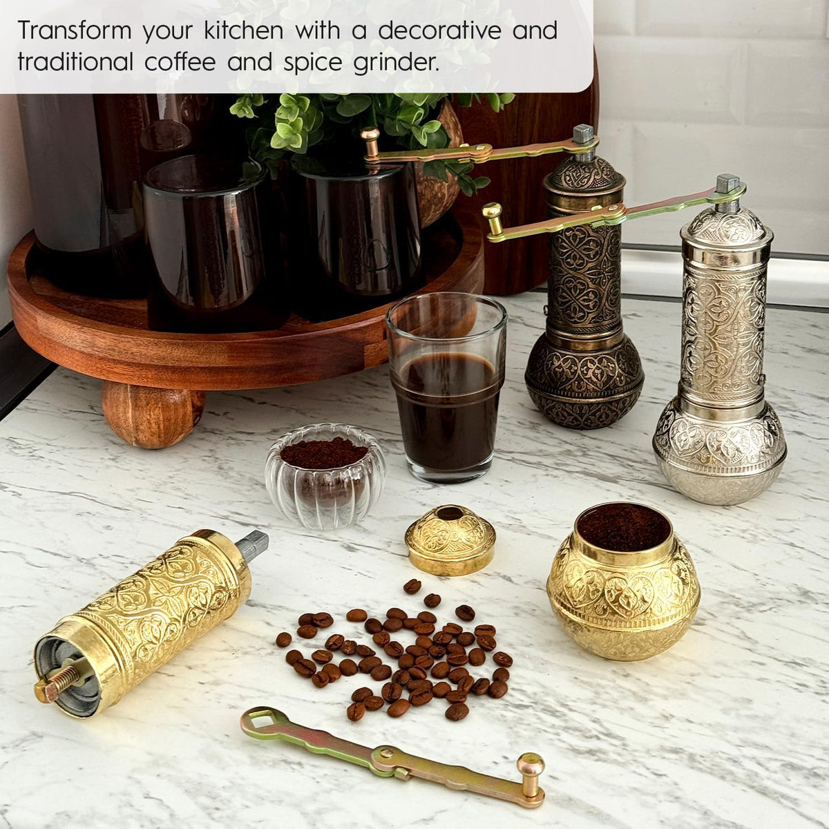 Decorative Handmade Coffee Grinder, Refillable Turkish Spice Mill, Manual Coffee Mill with Handle, Coffee Grinder Metal with Hand Crank 18 cm-7.1 inch