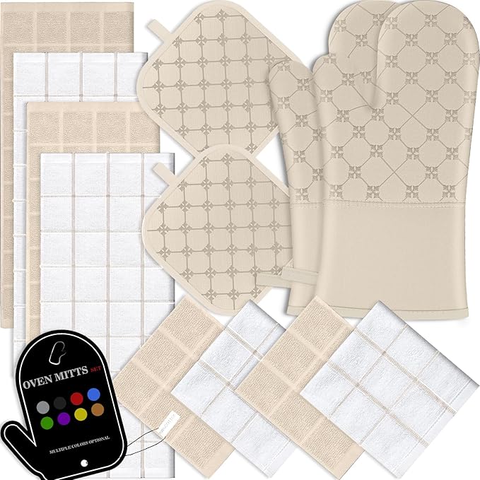 Oven Mitts Kitchen Towels Dishcloths with Pot Holders Sets 12PCS, Dish Towels Sets, Oven Gloves Pot Pads Heat Resistant 500 Degrees with Non-Slip Silicone Surface for Cooking Baking Grilling-Milkshake