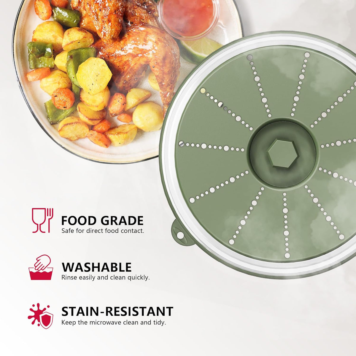 WVM Microwave Splatter Cover & Mat, Vented Collapsible Splatter Guard dish Plate lid & Silicone Round Kitchen Mat for Food, Meal Prep, Green