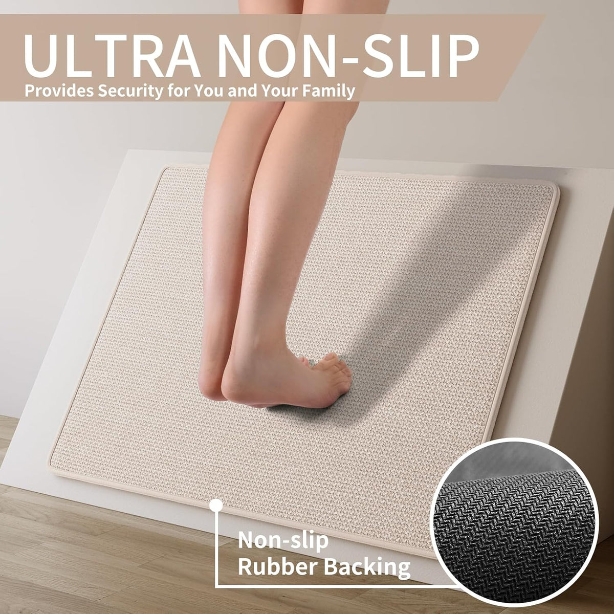 Kitchen Mats for Floor, Super Absorbent Kitchen Rugs Non Slip Washable, Soft Imitation Linen Braided Runner Rug, Standing Mat Kitchen Sink Mat, Easy to Clean, Beige 17x71