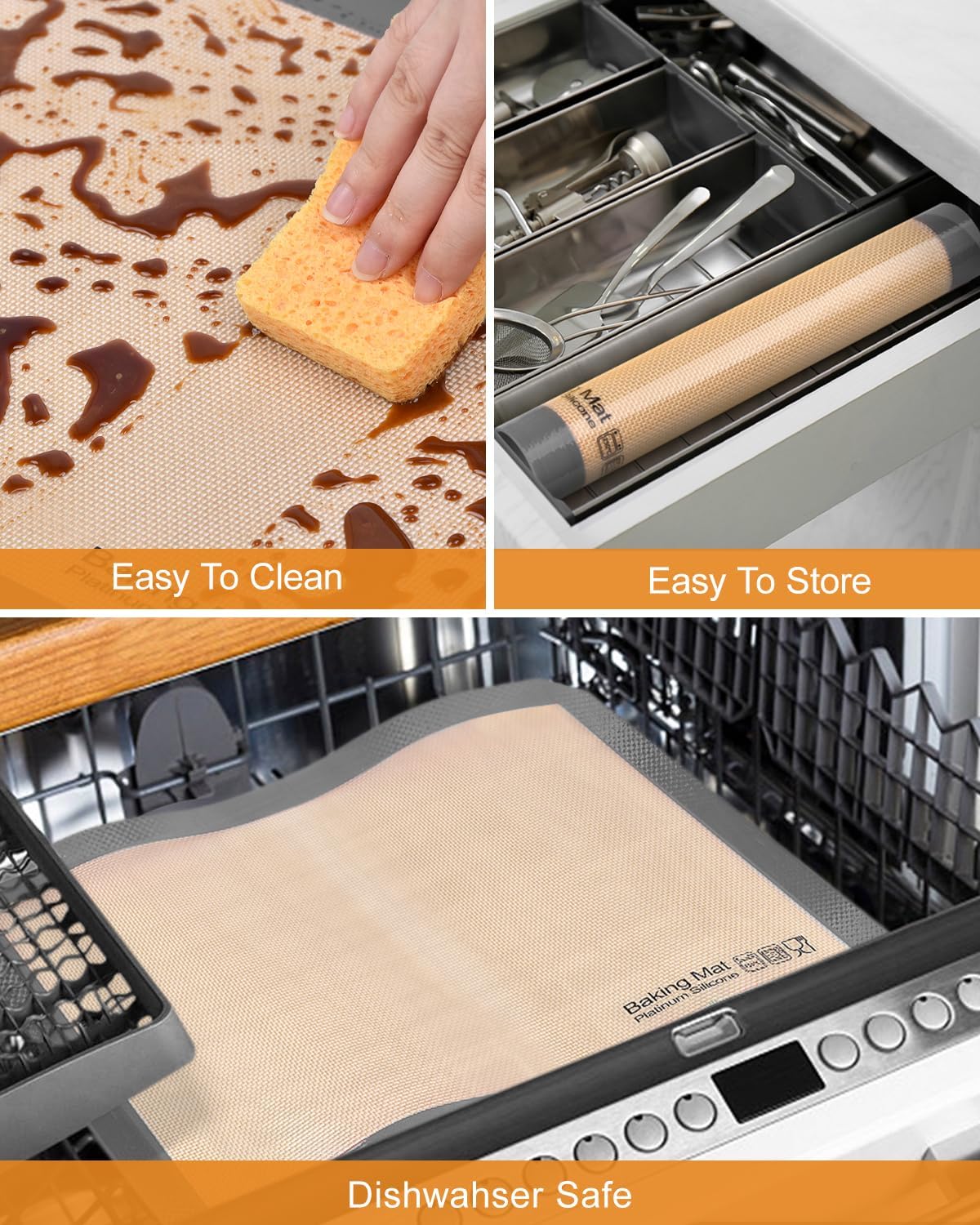 Silicone Baking Mat - Best Platinum Silicone - Sopito Non-Stick Reusable, Food Safe Baking Mat, 5Pcs Set of 2 Half Sheet Size & 2 Quarter Baking Sheets and 1 9'' Pizza Mat, Grey