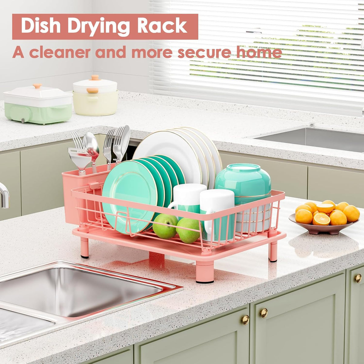 Dish Drying Rack, Space-Saving Dish Rack, Dish Racks for Kitchen Counter, Kitchen Dish Drainers with Removable Utensil Holder,Plate Rack and Drainboard, 11''W x 15''L, Pink