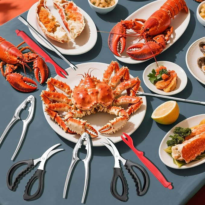 8Pcs Crab Cracker Tool Set, Stainless Steel Crab Crackers, Lobster Sheller, Fork, Scissors & Storage Bag, Crab & Lobster Eating Utensils for Seafood Lovers