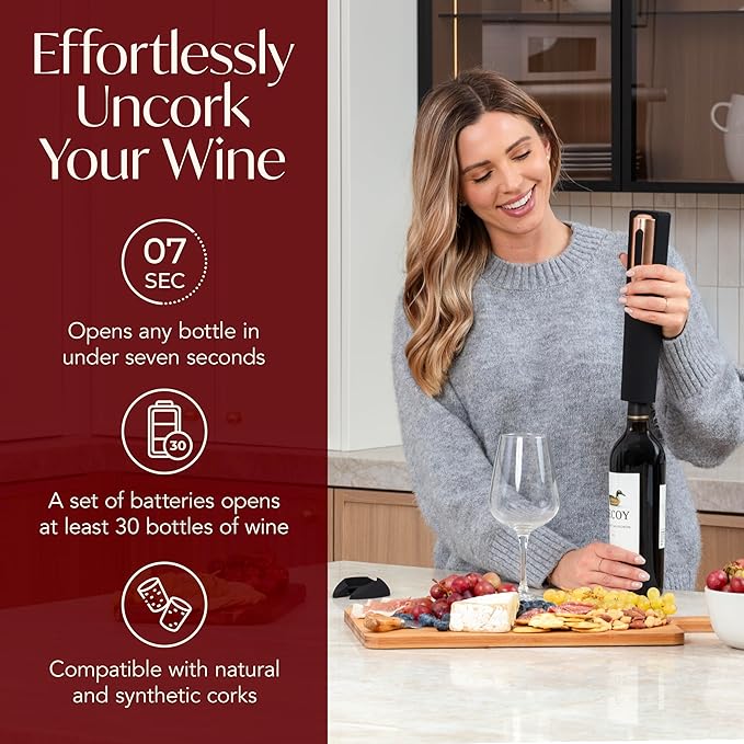 Electric Wine Opener Battery Operated with Stand and Built-in Foil Cutter - Automatic Wine Opener - Electric Corkscrew for Easy Cork Removal - Best Gift for Wine Lover (Black & Rose Gold)