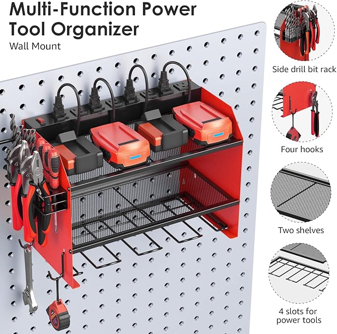 CCCEI Modular Power Tool Organizer Wall Mount with Charging Station. Garage Drill Storage Shelf with Hooks, Heavy Duty Rack, Tool Battery Holder Built in 8 Outlet. Gift for Men. Red, 1 Pack.
