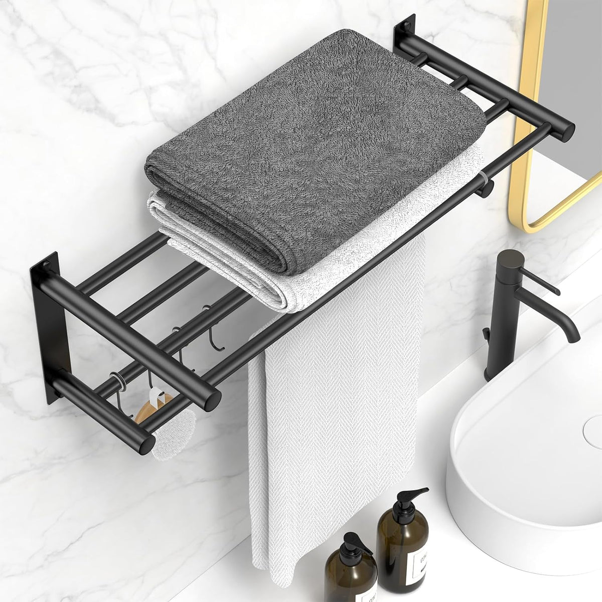 Adjustable Towel Bar for Bathroom Wall Mount17-30.7inch Adhesive Shower Towel Rack Stainless Steel Bath Towel Holders for Toilet Kitchen Double Towel Hanger (Black Mobile Hook Towel Rack)