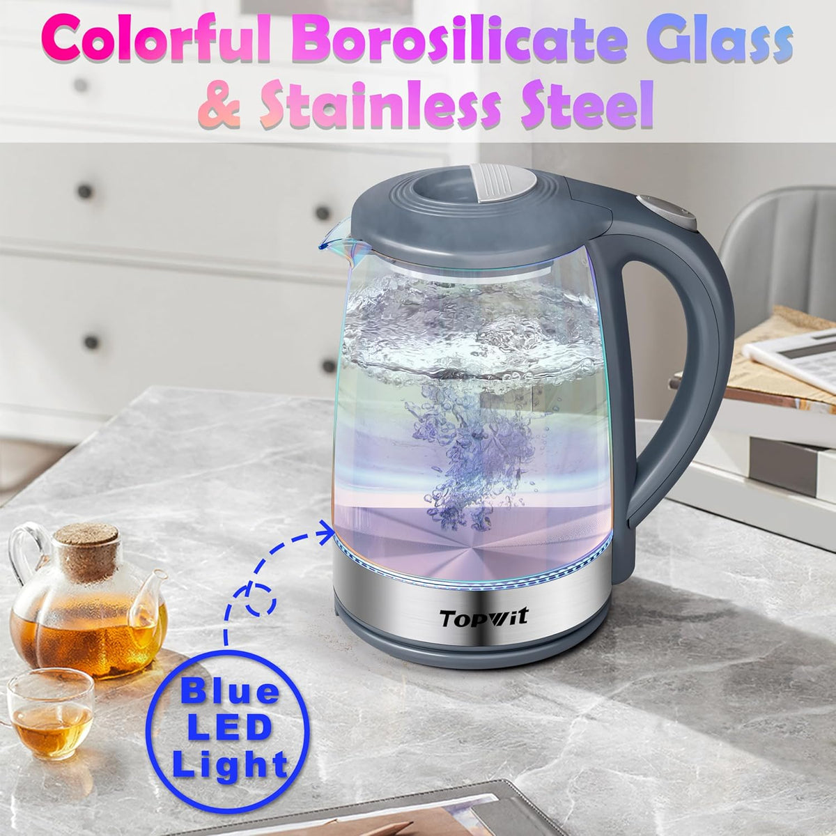 TOPWIT Electric Kettle, Colorful Glass Tea Kettle, 2.0L Hot Water Kettle Electric, BPA-Free Stainless Steel Lid & Bottom, Electric Kettles for Boiling Water, Auto Shut-Off & Boil Dry Protection, Grey