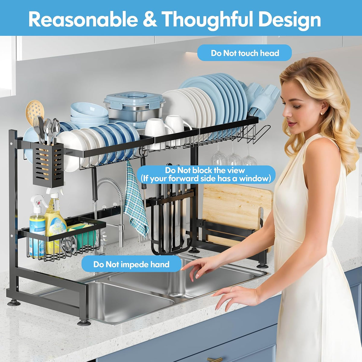 2 Tier Extra Large Stainless Steel Expandable Over The Sink Dish Drainer Drying Rack, Rust Proof Metal, Space Saving, Modern Black Big Capacity Extendable Plate Strainers Above Kitchen Counter