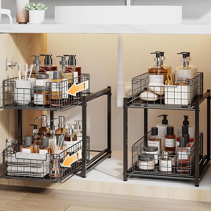 Under Sink Organizer, 2-Tier Pull Out Cabinet Organizer, Adjustable Height Bathroom Organizer and Storage, Spice Rack for Kitchen, Sliding Drawers Shelves 13.8×11×15.8 Inch (1 Pack)