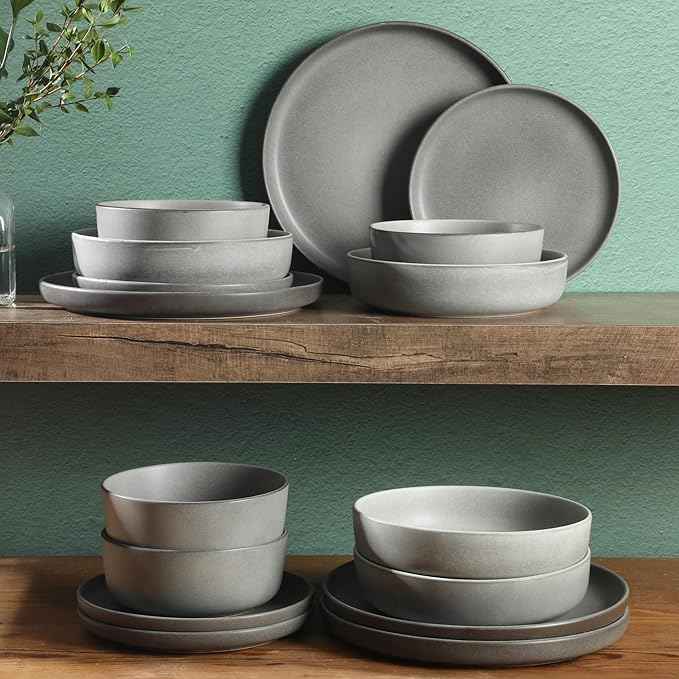 Gibson Elite Pasco 16 Piece (Service for 4) Plates and Bowls Double Bowl Reactive Glaze Dishes Stoneware Ceramic Dinnerware Set - Grey