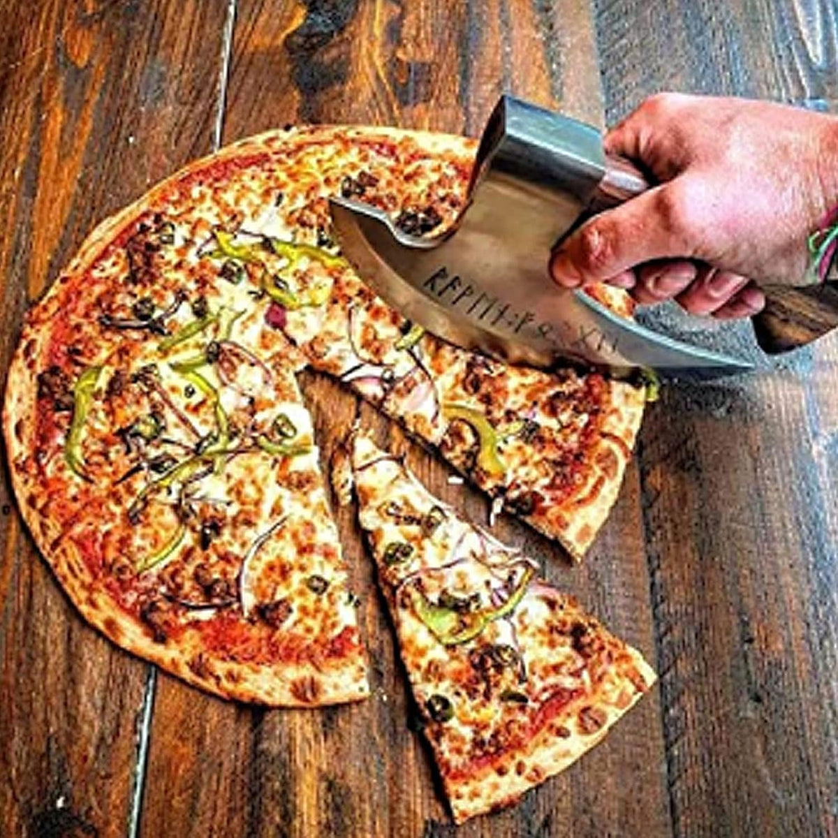 Handmade Viking Steel Pizza Axe, Camping Knives Tools Pizza Cutter with Pine Wood Handle, Handmade Stainless Steel Authentic Medieval Pizza Cutter for Home Restaurant Bar