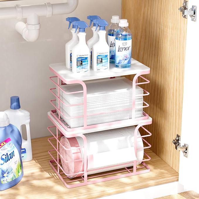 2 Pack Extra Large Stackable Pantry Storage with Bamboo Top,Wall Mount Trash Bag Dispenser Roll Holder for Kitchen Pantry Laundry Room,Pink