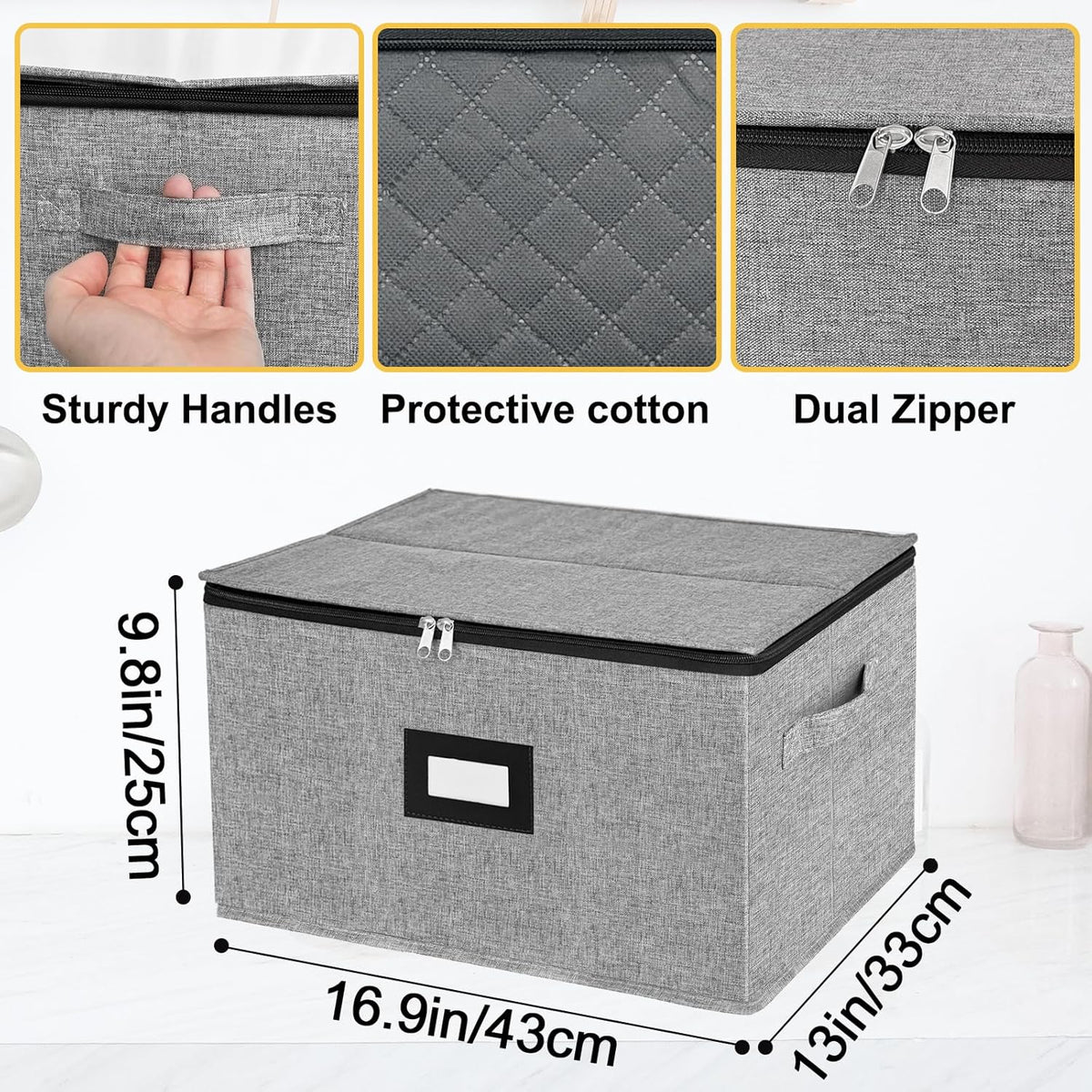 homyfort Wine Glass Storage Box, China Storage Containers with Dividers, Stemware Storage Case Holds 12 Wine Glass or long stem Crystal Glassware with Handles, Hard Shell and Stackable (Grey)