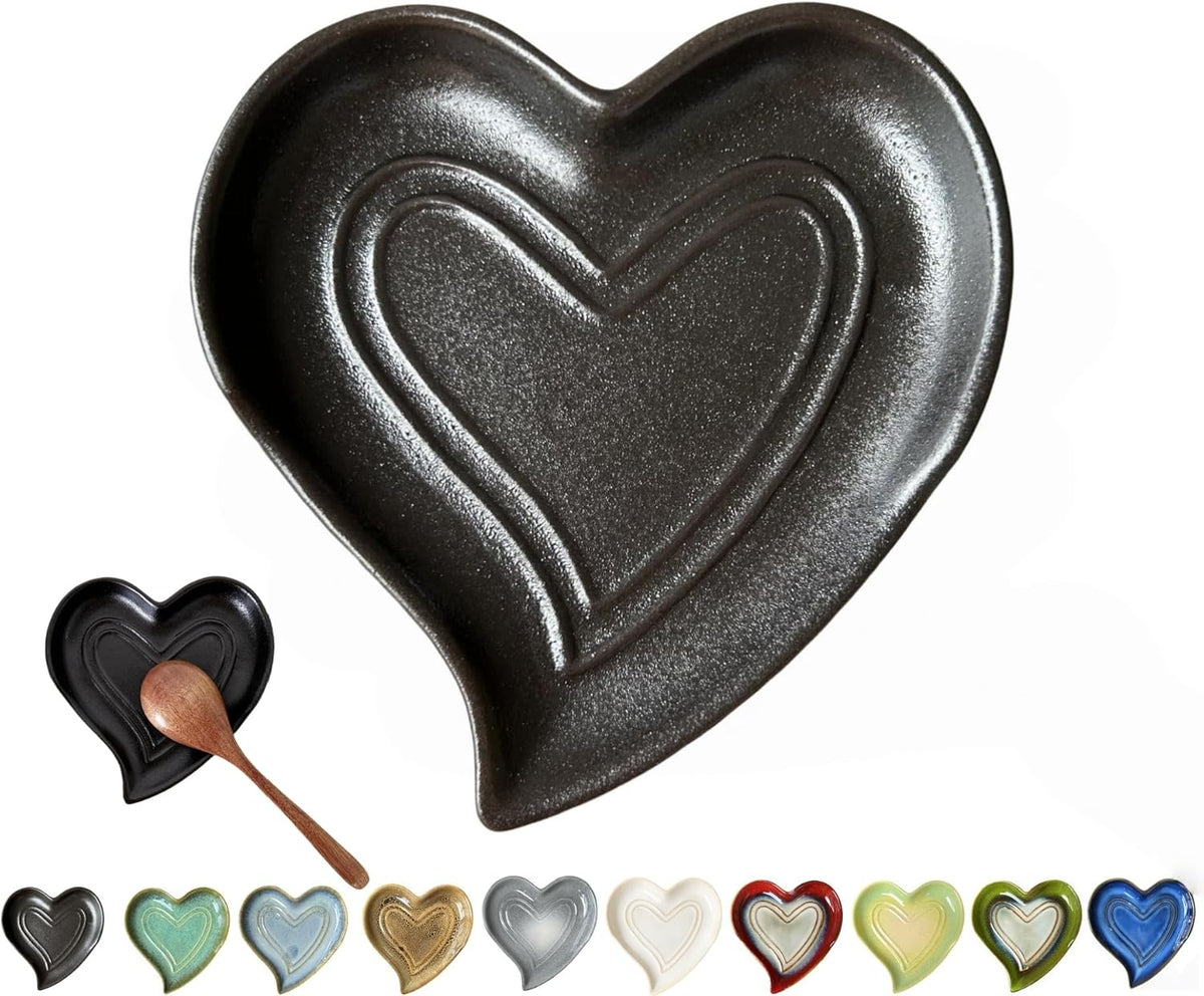 Ceramic Spoon Rest for Stove Top, Heart Cute Spoon Rest for Kitchen Counter, Cooking Spoon Holder for Kitchen Counter, Utensil Rest Spatula Rest Ladle Holder Tong Rest (Matte Black)