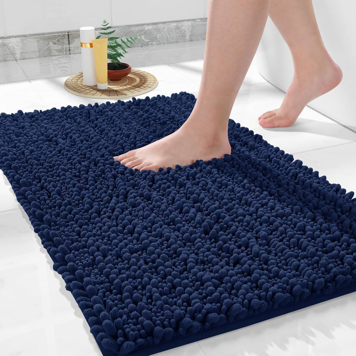 Yimobra Bathroom Rugs Non Slip Washable 32x20 Inch - Ultra Soft Absorbent Chenille Bath Mat, Quick Dry Shaggy Floor Carpet for Tub Shower, Navy Blue Home Decor Accessories