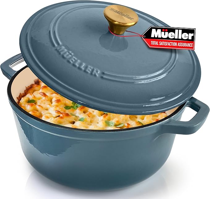 MUELLER HOME 6 Quart Enameled Cast Iron Pot Dutch Oven, Heavy-Duty, Oven-Safe up to 500° F & Across All Cooktops, Bread Pan with Lid & Knob, Cast Iron Cookware, Blue Kitchen Accessories, Mineral Blue