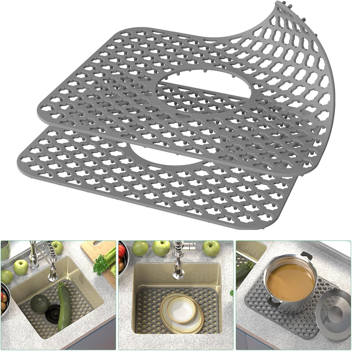 TOOVEM Kitchen Sink Mats, 2PCS Non-Slip Heat Resistant Silicone Sink Protector Mat, Folding Farmhouse Rear Drain Sink Mats, Center Drain, Grey
