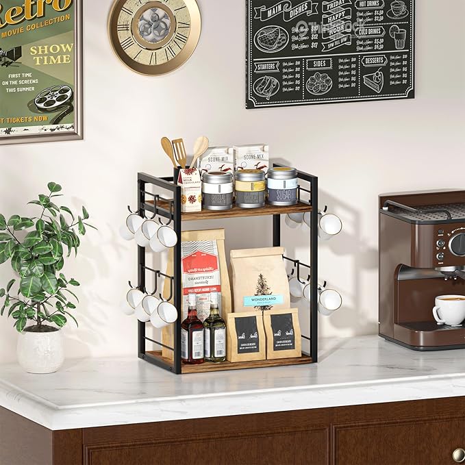 Dorhors 2 Tier Coffee Bar Accessories and Organizer,Multi-functional Mug Holder with 12 Hooks,Wood Coffee Station Organizer,Kitchen Countertop Shelf (Rustic Brown)