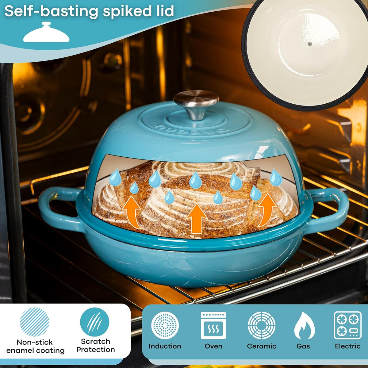 Enamelled Cast Iron Dutch Oven Pot – Dutch Oven For Sourdough Bread Baking – Cast Iron Bread Pot – Blue, 6 Quarts, 22cm – by Nuovva