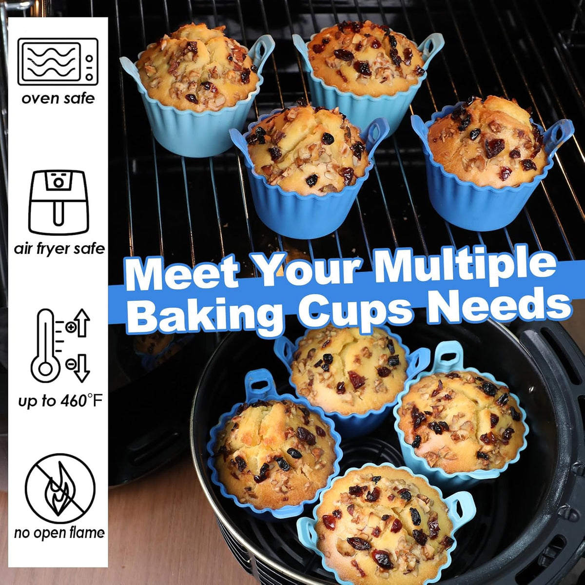 Koluti Reusable Silicone Baking Cups Set of 4, Nonstick Muffin Cupcakes Mold with Double Handle, BPA Free, Small Round Air Fryer Cupcake Liners, 2 Color
