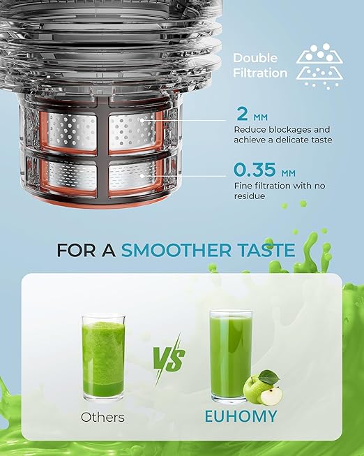 Cold Press Juicer, EUHOMY 5.4" Extra Large Feed Chute Slow Masticating Juicer, 250W Juicer Machines, 99.6% High Juice Yield,for Whole Vegetables & Fruits, Reverse Function, Easy to clean.Black