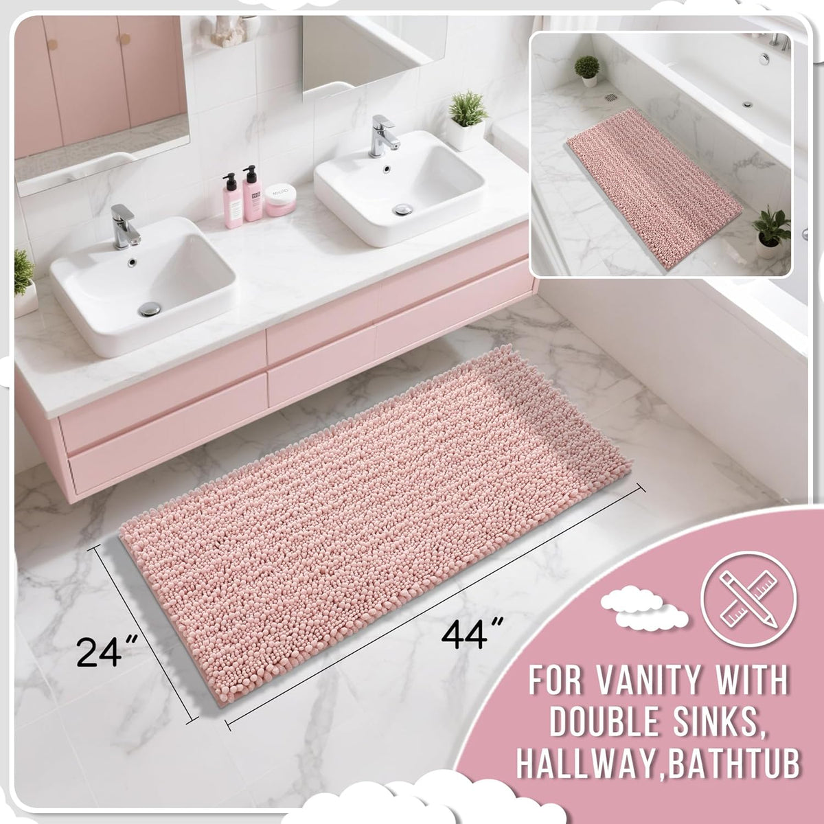 Yimobra Long Bathroom Rugs Non Slip Washable 44x24 Inch - Ultra Soft Absorbent Chenille Bath Mat, Quick Dry Shaggy Floor Carpet for Tub Shower, Light Pink Home Decor Accessories