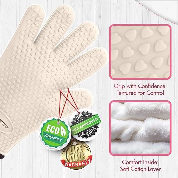 KITCHEN PERFECTION Silicone Smoker Oven Gloves For Women -Extreme Heat Resistant BBQ Gloves -Handle Hot Food Right on Your Smoker Grill Fryer|Waterproof Oven Mitts Grill Gloves |Superior Set+3 Bonuses