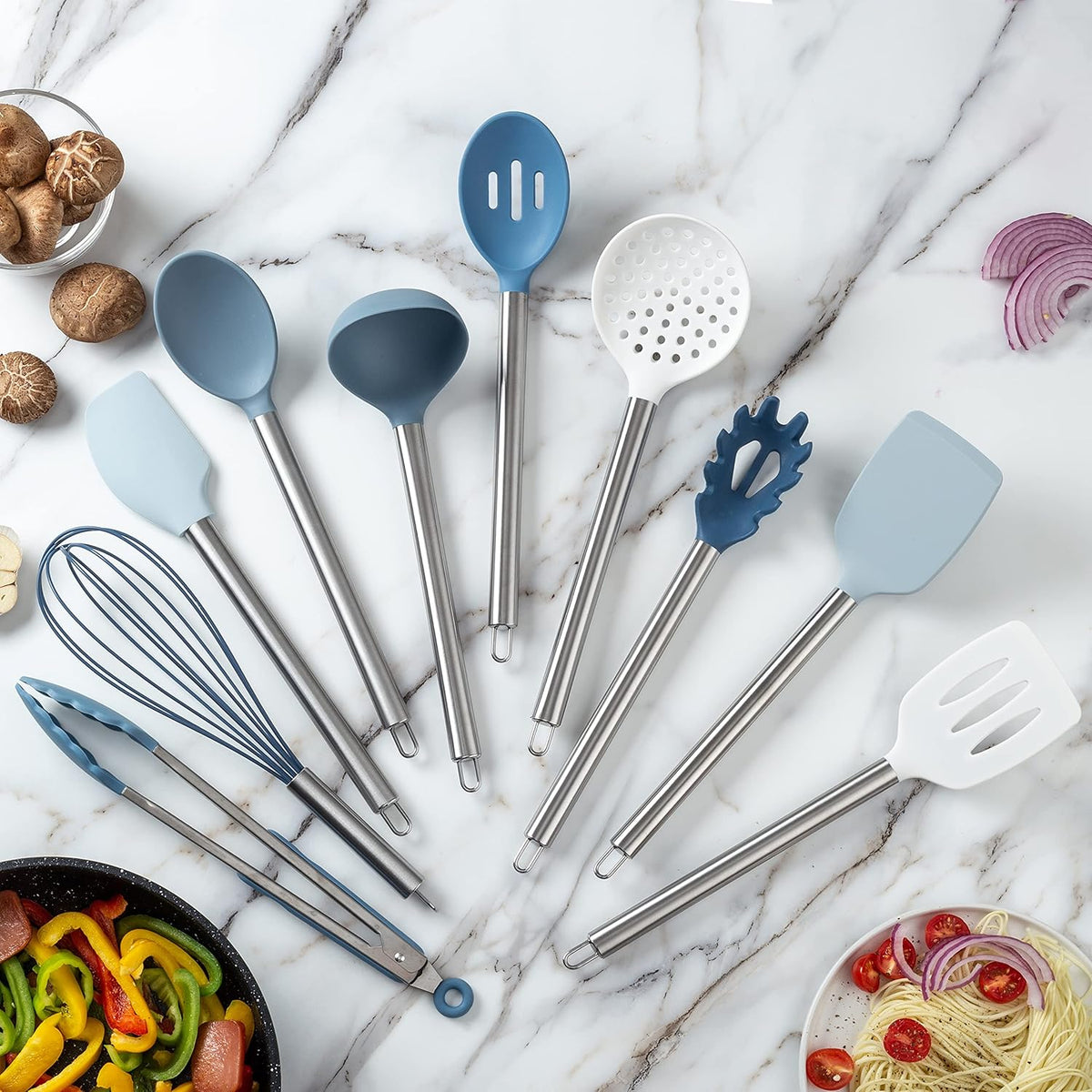 COOK WITH COLOR Silicone Cooking Utensils, Kitchen Utensil Set, Easy to Clean Silicone Kitchen Utensils, Cooking Utensils for Nonstick Cookware, Kitchen Gadgets Set, 10 Pieces, Blue and White