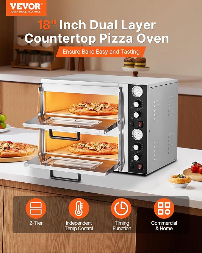 VEVOR Pizza Oven Electric, 18" Double-Deck Commercial Countertop Pizza Oven, 842°F Max Temp, Indoor Pizza Maker with Thermometer, Independent Upper & Lower Temp Control & Timer for Home Restaurant