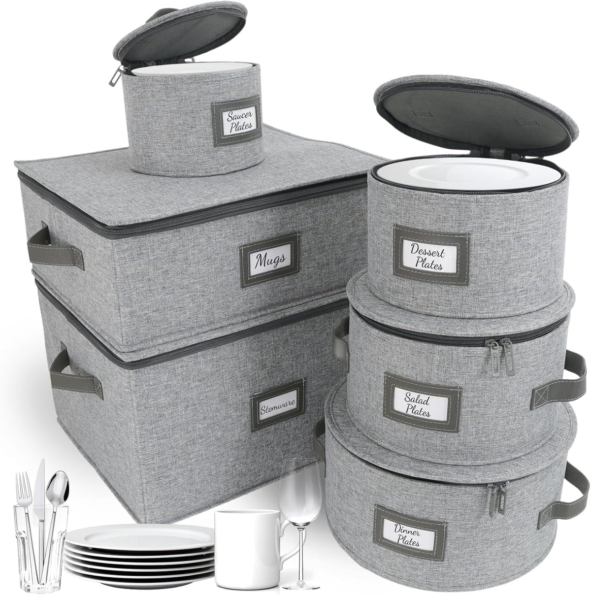 HOMELUX THEORY Hard Shell China Storage Containers, 6pc LightGray Mug & Plate Storage Box, Kitchen Storage Bins W/Lids, Heavy Duty Moving Box with Handles for Dishes, Glassware, Stemware, Cup & Mug