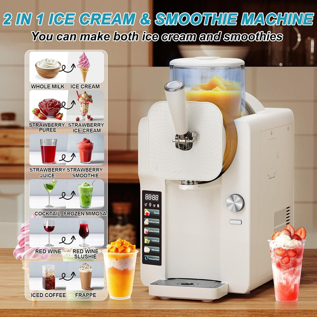 Ice Cream Maker, Slushie Machine for Home, Slushy Machine 70 oz Margarita Machine with 6 Preset Programs for Ice Cream, Smoothie, Milkshake, Cocktail, Frappés, 9-Level Adjustable Thickness, White