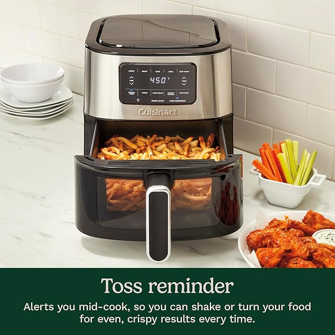Cuisinart Air Fryer, 6-Quart Basket Large Fryer with 5 Cooking Functions to Roast, Bake, Broil, Air Fry and Keep Warm, 5 Airfryer Presets, Dishwasher-Safe Parts, AIR-200NAS, Stainless Steel & Black