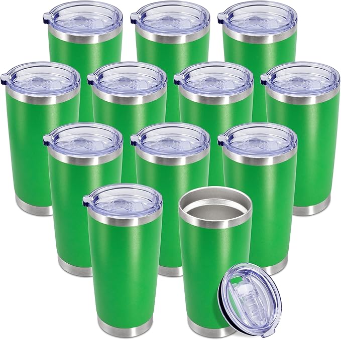 20 oz Tumbler Coffee Travel Tumblers Bulk with Lid Stainless Steel Double Wall Vacuum Insulated Mug Powder Coated Cups fit Car Cupholder for Hot and Cold - Green, 12Pack