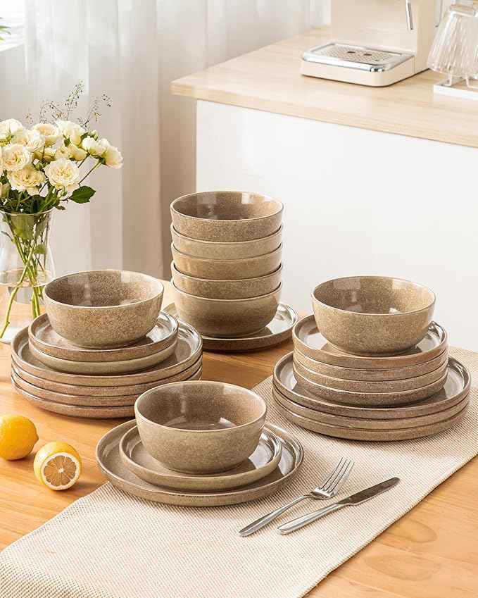 vancasso ANYA 24 Pieces Plates and Bowls Set, Caramel Dinnerware Sets, Reactive Glaze Dishes Set for 8, Ceramic Dishware Sets Kitchen Dinner Set, Microwave & Dishwasher Safe