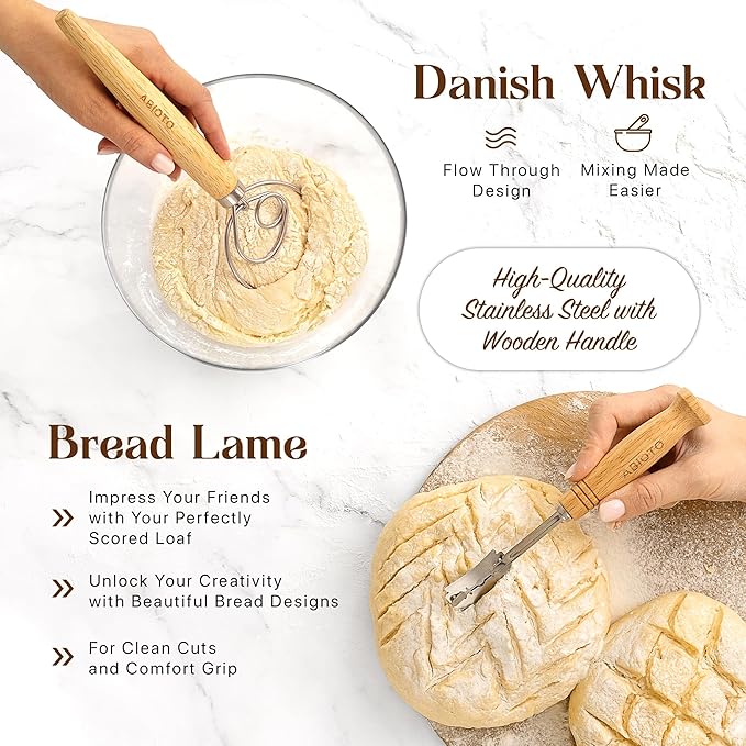 Banneton Bread Proofing Basket Set with Sourdough Bread Baking Supplies, A Complete Sourdough Starter Kit with Bread Lame, Danish Whish, Bowl & Dough Scraper, 2 Bread Slings, and Baking Mat