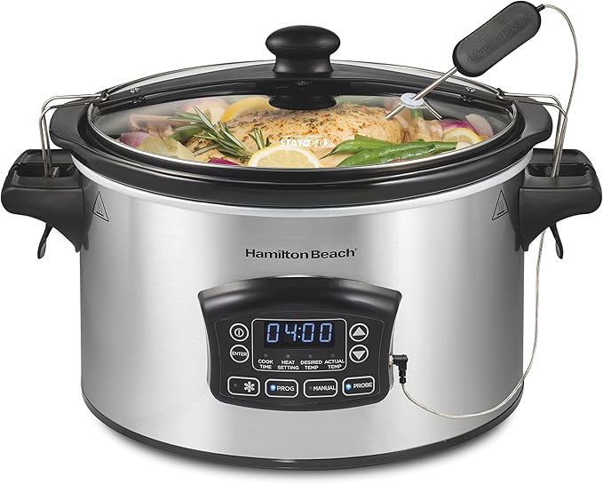 Hamilton Beach Portable 6 Quart Set & Forget Digital Programmable Slow Cooker with Lid Lock, Temperature Probe & Defrost Setting, Dishwasher Safe Crock & Lid, Silver (33869)