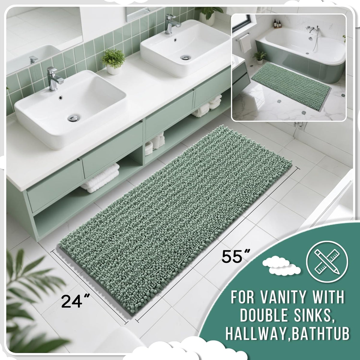 Yimobra Bathroom Runner Rug 55x24 Inch - Extra Long Non Slip Chenille Bath Mat, Soft & Absorbent, Machine Washable Shaggy Hallway Carpet for Vanity Tub Shower, Green Home Decor Accessories