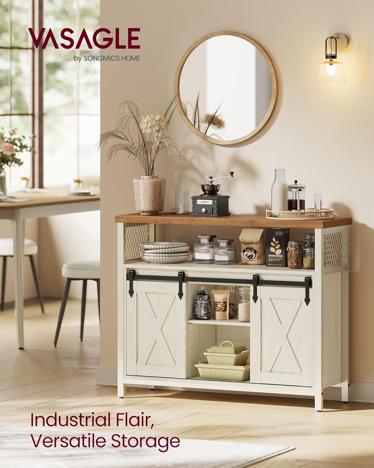 VASAGLE Buffet Cabinet, Coffee Bar Storage Cabinet, Sideboard with 2 Sliding Barn Doors, Adjustable Shelves, 13 x 39.4 x 31.5 Inches, for Living Room, Rustic White and Honey Brown ULSC092W01