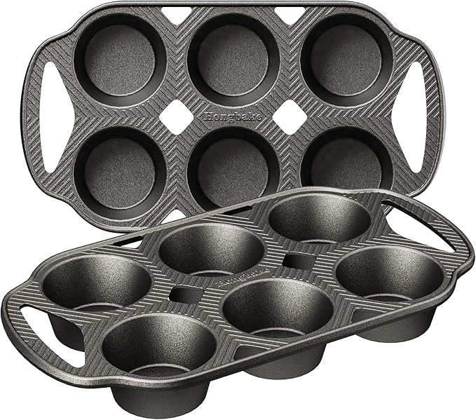 HONGBAKE Everline Collection Cast Iron Muffin Pans, Non toxic Uncoated 6-Cup Muffin Tins, Non-Stick Pre-Seasoned Cupcake Tray Pan Set for Baking, Oven & Stovetop Safe, Standard Size, 2 Pack