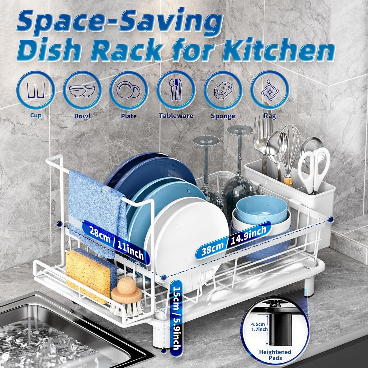 Compact Dish Drying Rack, Dish Drainers for Kitchen Counter with Sponge Rack, Kitchen Drying Rack with Drainboard, Utensil Holder and Automatic Drainage Drainboard, White