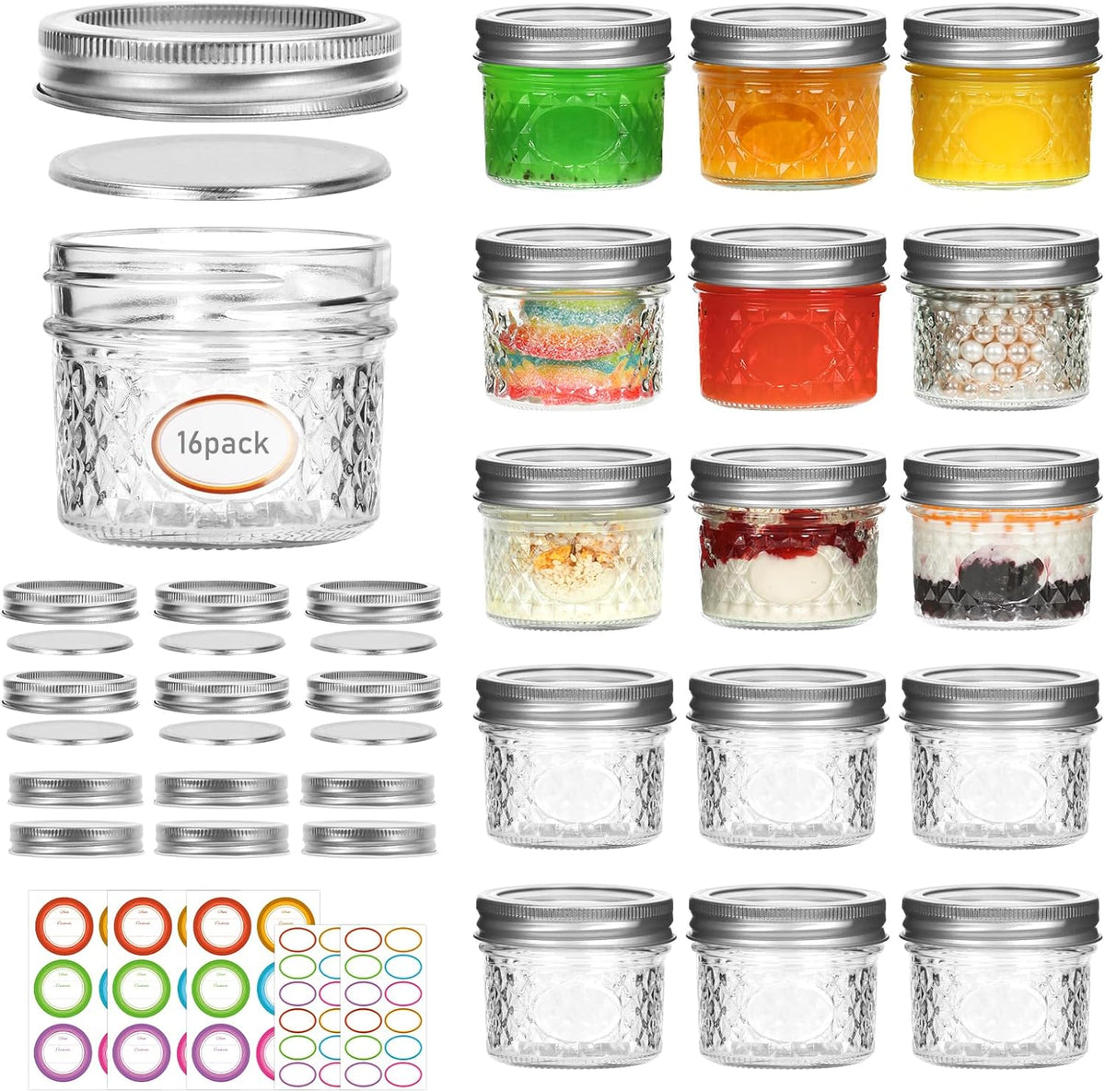 4 oz Small Mason Jars, 16 Pack Mini Jars, With 2 Types of Lids - 16 Split-Type and 16 One Piece Lids, Perfect for Dessert and DIY