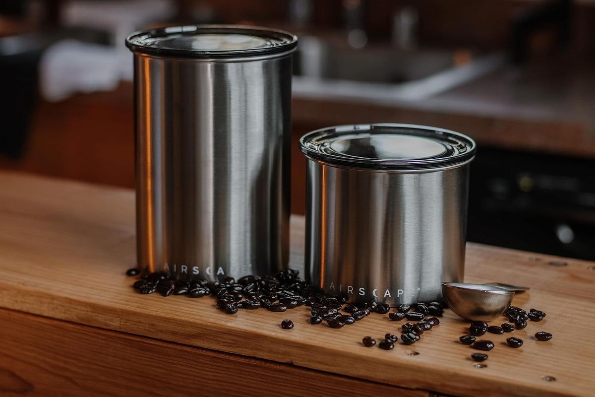 Planetary Design Airscape Stainless Steel Coffee Canister | Food Storage Container | US Patented Airtight Lid | Push Out Excess Air Preserve Food Freshness (Small, Matte Red)
